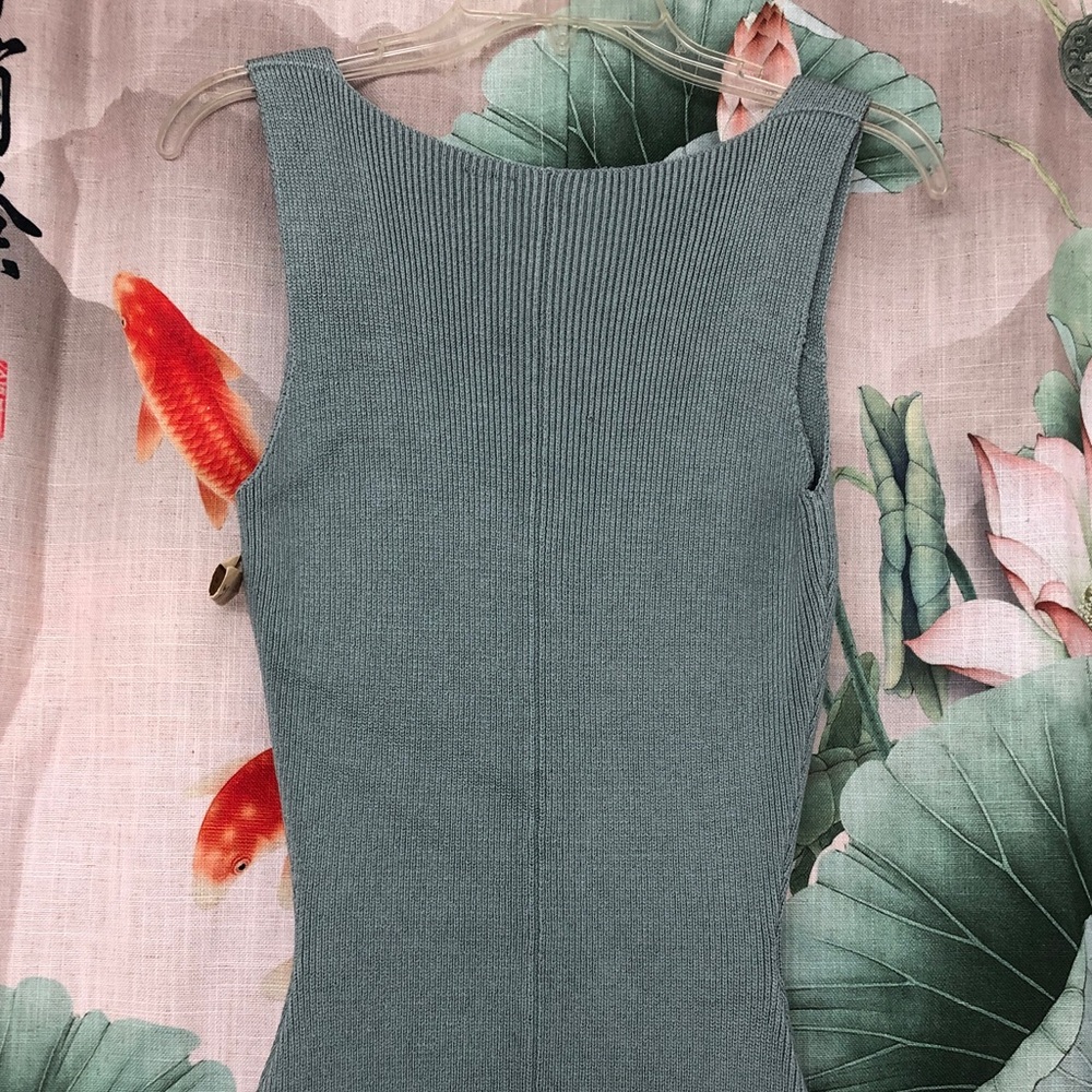Vintage Sleeveless Maxi Knit Dress in Sage Green with Colorblock Hem - Picture 7 of 11